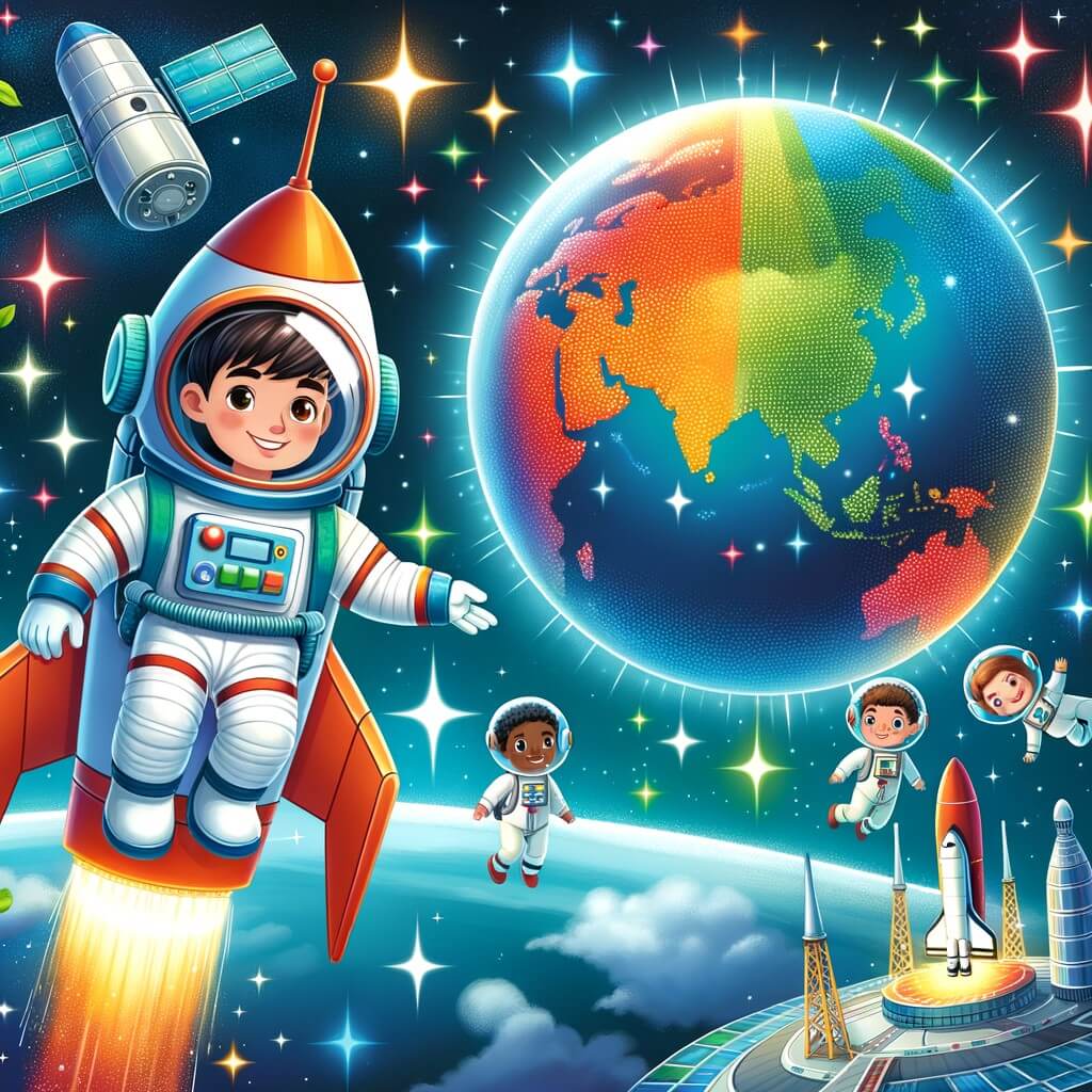 Une illustration pour enfants représentant un homme en combinaison spatiale, flottant dans l'espace, devant une station spatiale, symbole de l'aventure incroyable qui se déroule dans l'histoire.