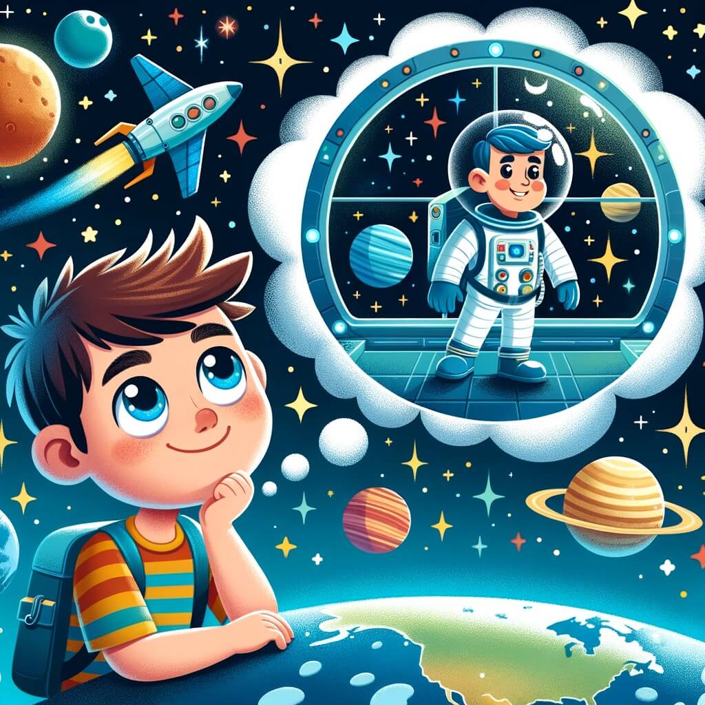 Une illustration pour enfants représentant un jeune homme rêvant de voyager dans l'espace, qui réalise son rêve en devenant astronaute et voyageant dans la galaxie, à bord d'une navette spatiale.