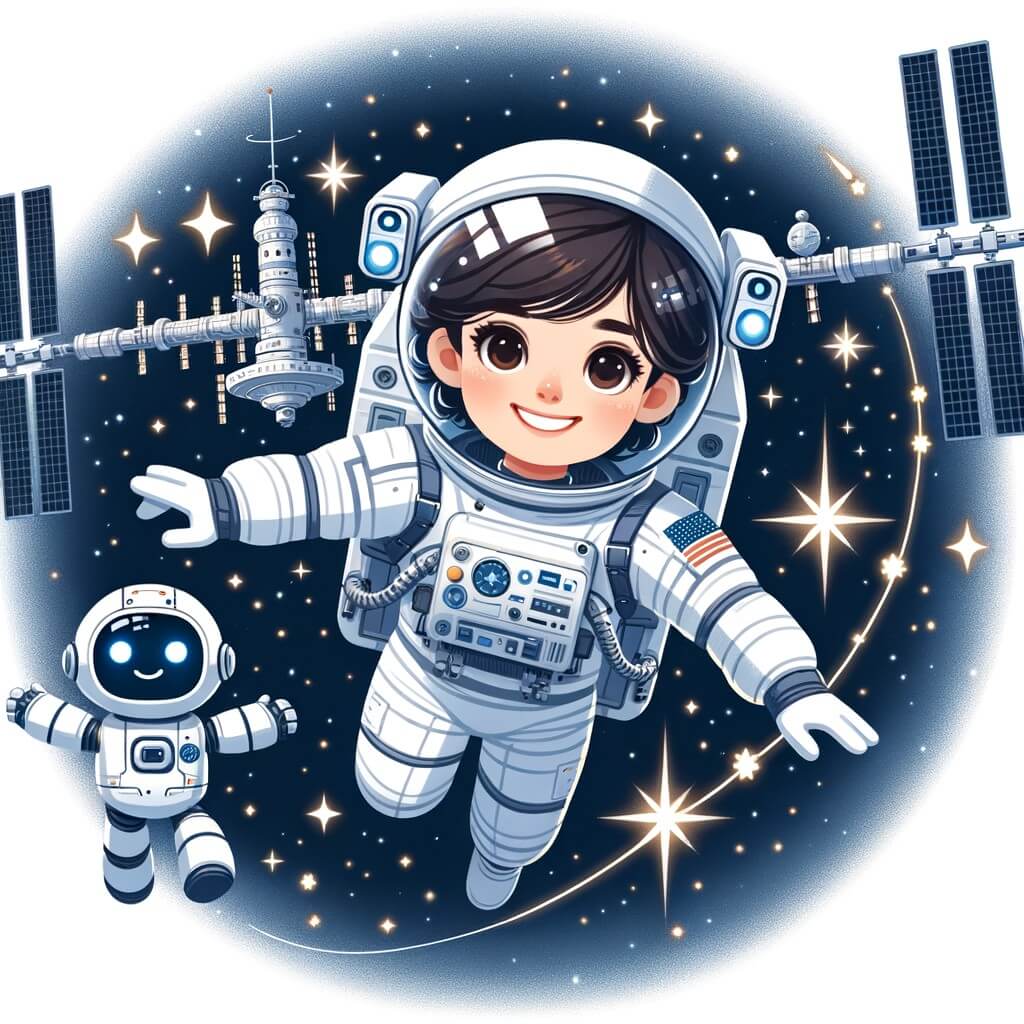 Une illustration destinée aux enfants représentant une femme astronaute, flottant dans l'espace avec un sourire radieux, accompagnée d'un petit robot astronaute, explorant les étoiles scintillantes et la majestueuse Station spatiale internationale.