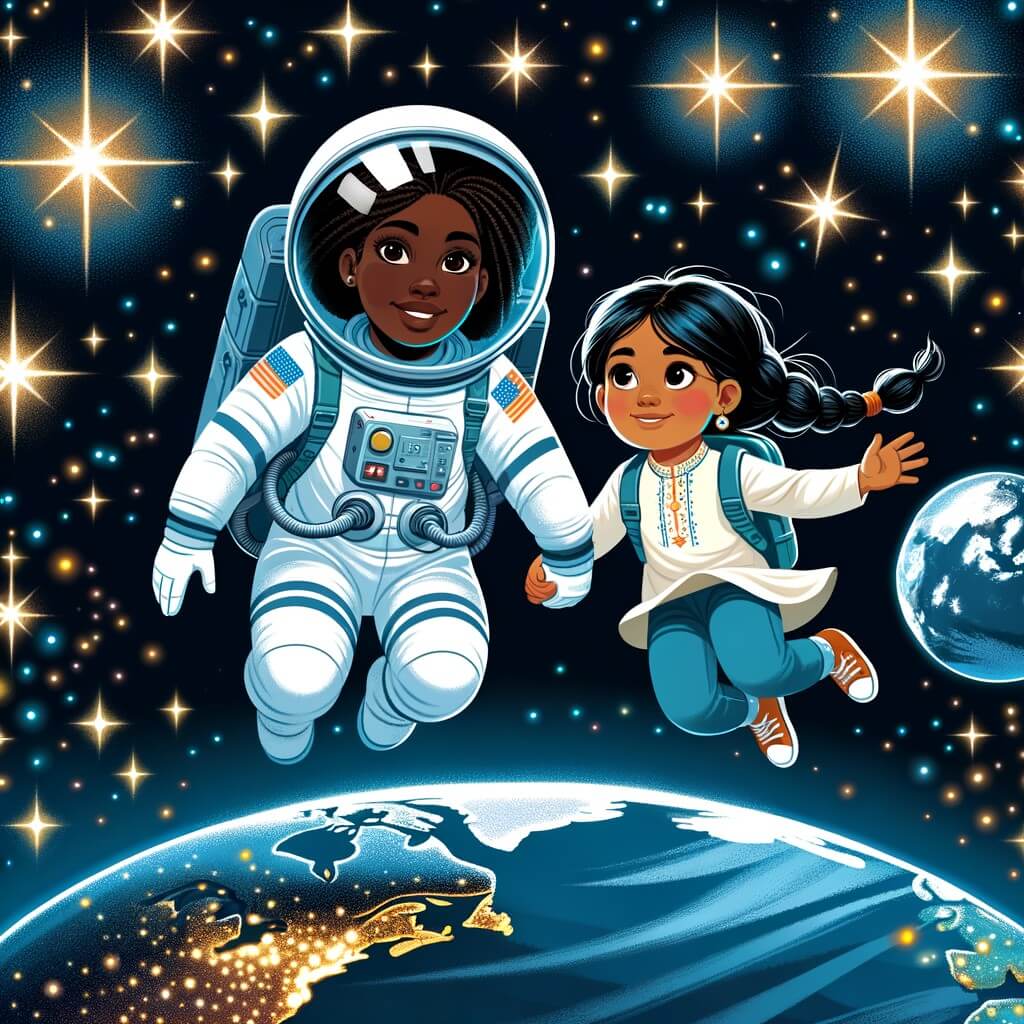 Une illustration destinée aux enfants représentant une astronaute intrépide, flottant dans l'espace aux côtés d'une petite fille curieuse, avec la Terre en toile de fond, illuminée par des milliers d'étoiles scintillantes.