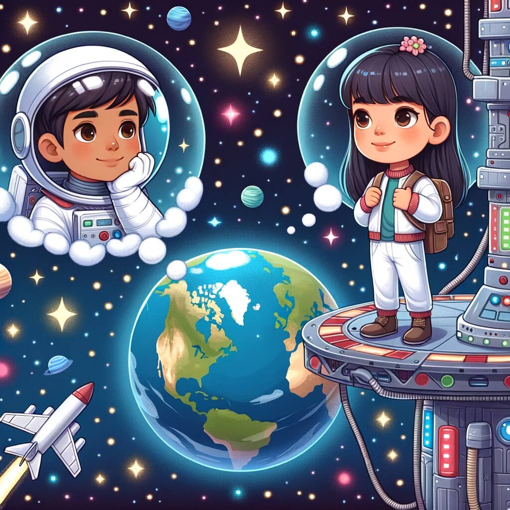 Une illustration destinée aux enfants représentant un jeune homme rêvant de devenir astronaute, accompagné d'une camarade de classe, sur une station spatiale futuriste en orbite autour de la Terre, avec la Terre en dessous d'eux, brillant de mille couleurs et entourée d'étoiles scintillantes.