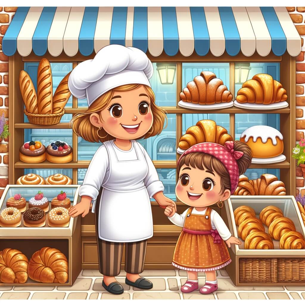 Une illustration pour enfants représentant une femme passionnée par son métier de boulangère, travaillant dur dans sa boulangerie pour préparer de délicieux produits pour ses clients.
