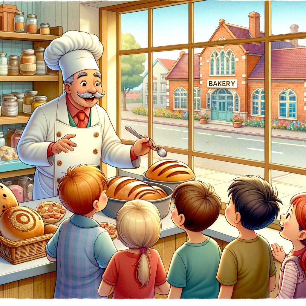 Une illustration destinée aux enfants représentant un boulanger passionné, entouré d'enfants curieux, dans une boulangerie chaleureuse et colorée située en face d'une école primaire.