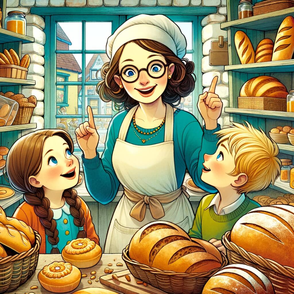 Une illustration destinée aux enfants représentant une femme énergique et passionnée, entourée de deux enfants curieux, dans une petite boulangerie pittoresque, avec des pains dorés et des pâtisseries appétissantes.