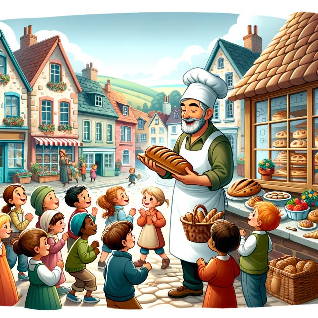 Une illustration destinée aux enfants représentant un boulanger passionné, entouré d'enfants curieux, dans une charmante boulangerie au cœur d'un village pittoresque, avec des maisons colorées et des rues pavées.