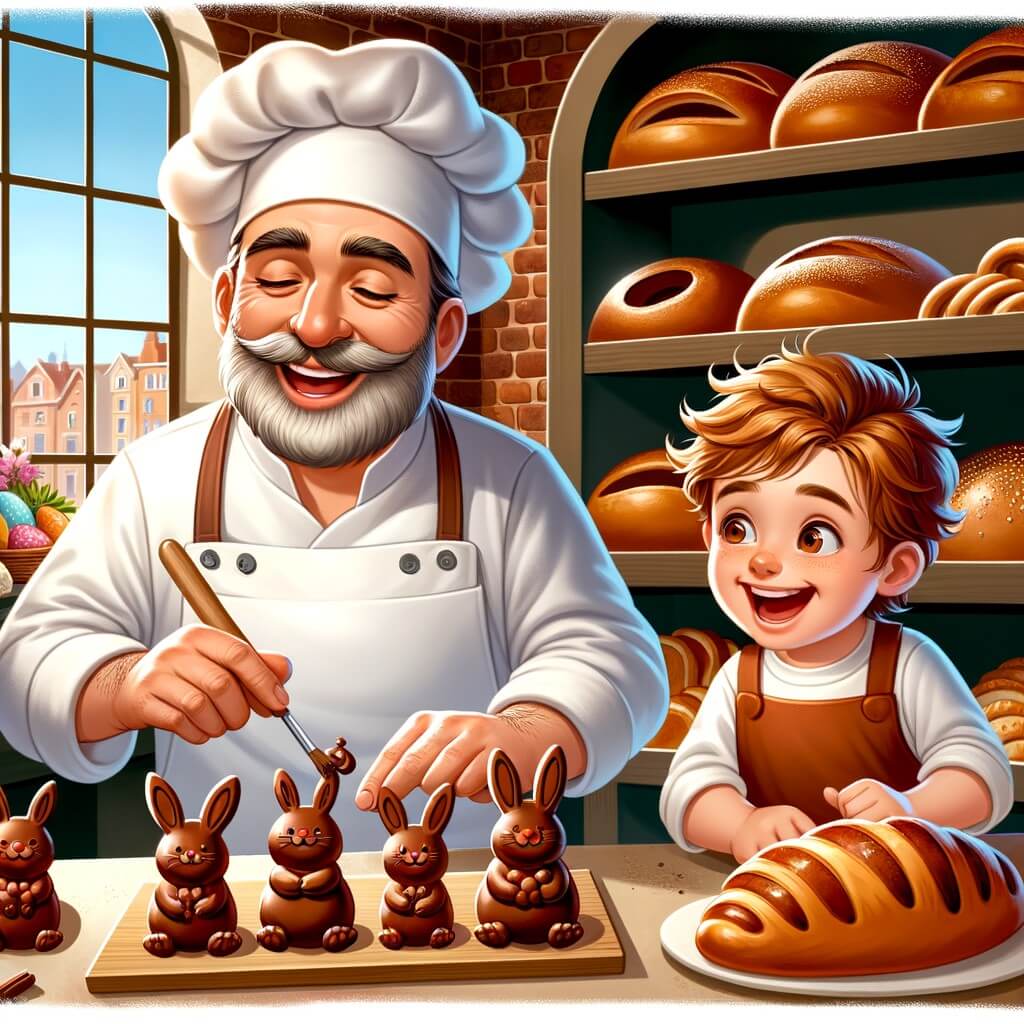 Une illustration destinée aux enfants représentant un boulanger passionné, préparant des pains au chocolat en forme de lapin, de poussin et de poisson pour Pâques, accompagné d'un petit garçon affamé, dans une boulangerie chaleureuse et colorée, avec des étagères remplies de pains frais et des odeurs alléchantes.