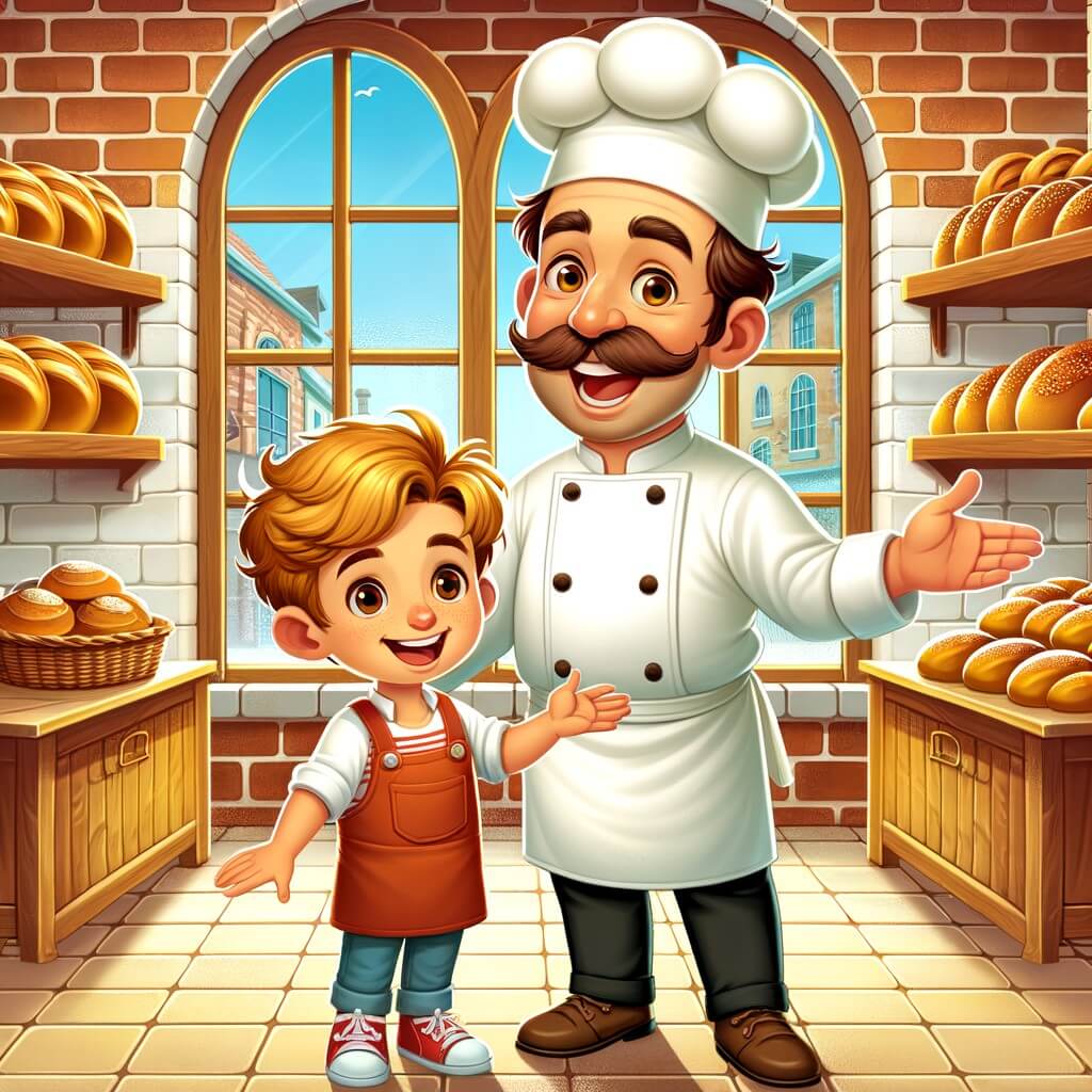 Une illustration pour enfants représentant un boulanger passionné qui travaille dur dans sa boulangerie pour satisfaire ses clients et partager sa passion avec les enfants.