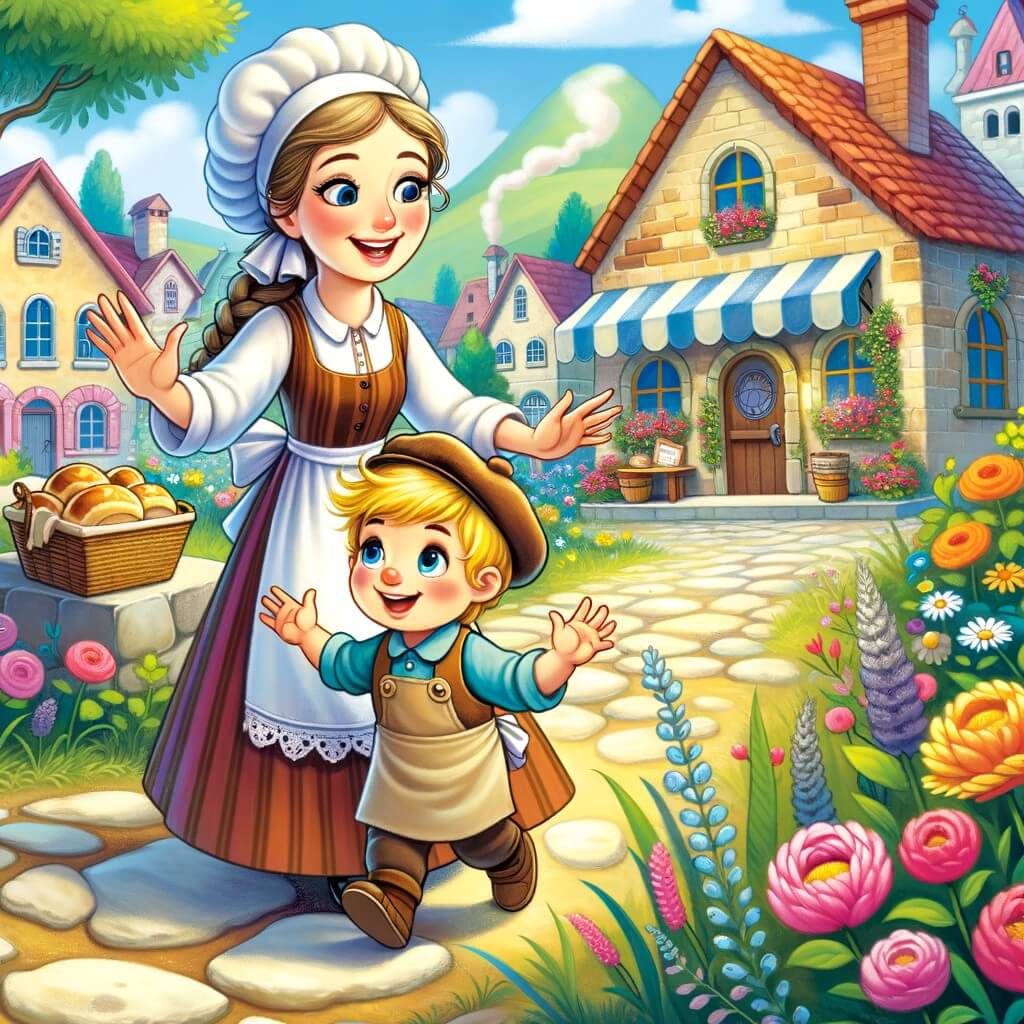 Une illustration destinée aux enfants représentant une femme boulangère passionnée, accompagnée d'un petit garçon perdu, dans un village charmant avec une boulangerie colorée et chaleureuse entourée de fleurs et d'arbres verdoyants.