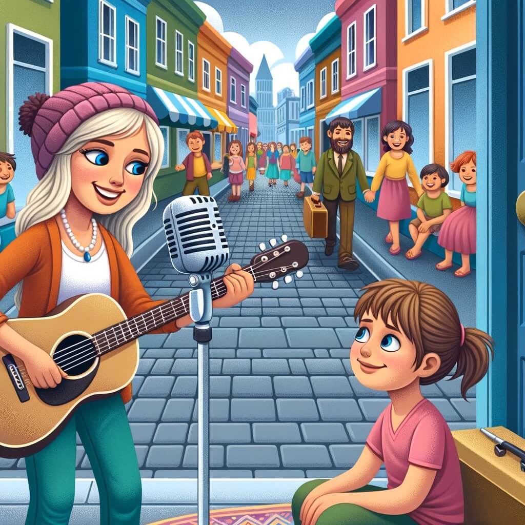Une illustration pour enfants représentant une jeune femme chanteuse de rue qui égaye les passants avec sa guitare dans les rues animées de la ville.