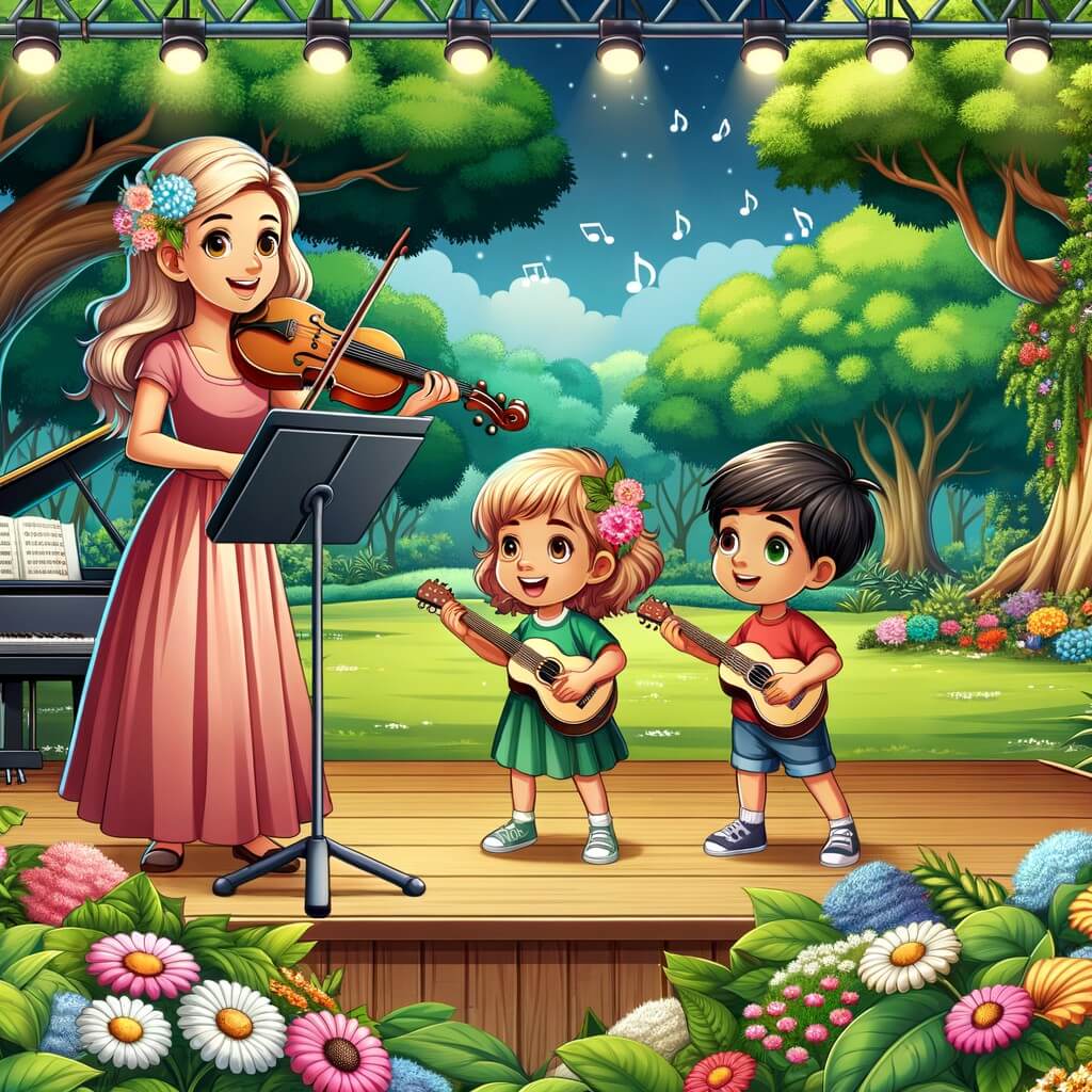Une illustration destinée aux enfants représentant une jeune femme passionnée de musique, accompagnée de deux enfants curieux, se produisant sur scène dans un parc verdoyant avec des arbres majestueux et des fleurs colorées.