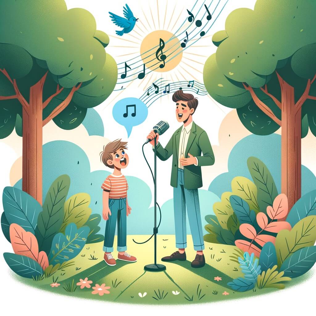 Une illustration destinée aux enfants représentant un jeune homme passionné par la musique, qui rencontre un chanteur talentueux dans un parc verdoyant, où les arbres dansent au rythme de leur mélodie ensoleillée.