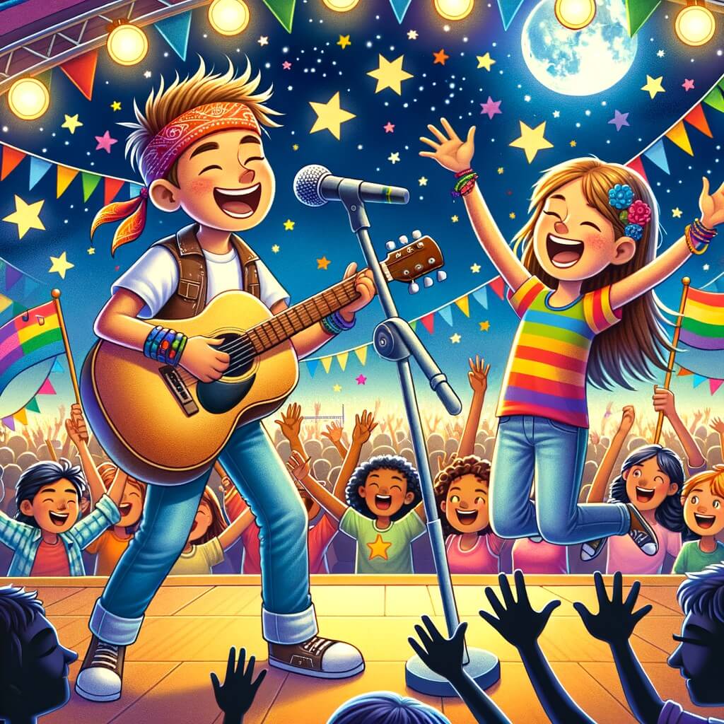 Une illustration pour enfants représentant un jeune garçon passionné de musique qui rêve de devenir un grand chanteur, se déroulant dans sa ville natale et dans les pays qu'il découvre lors de sa tournée mondiale.