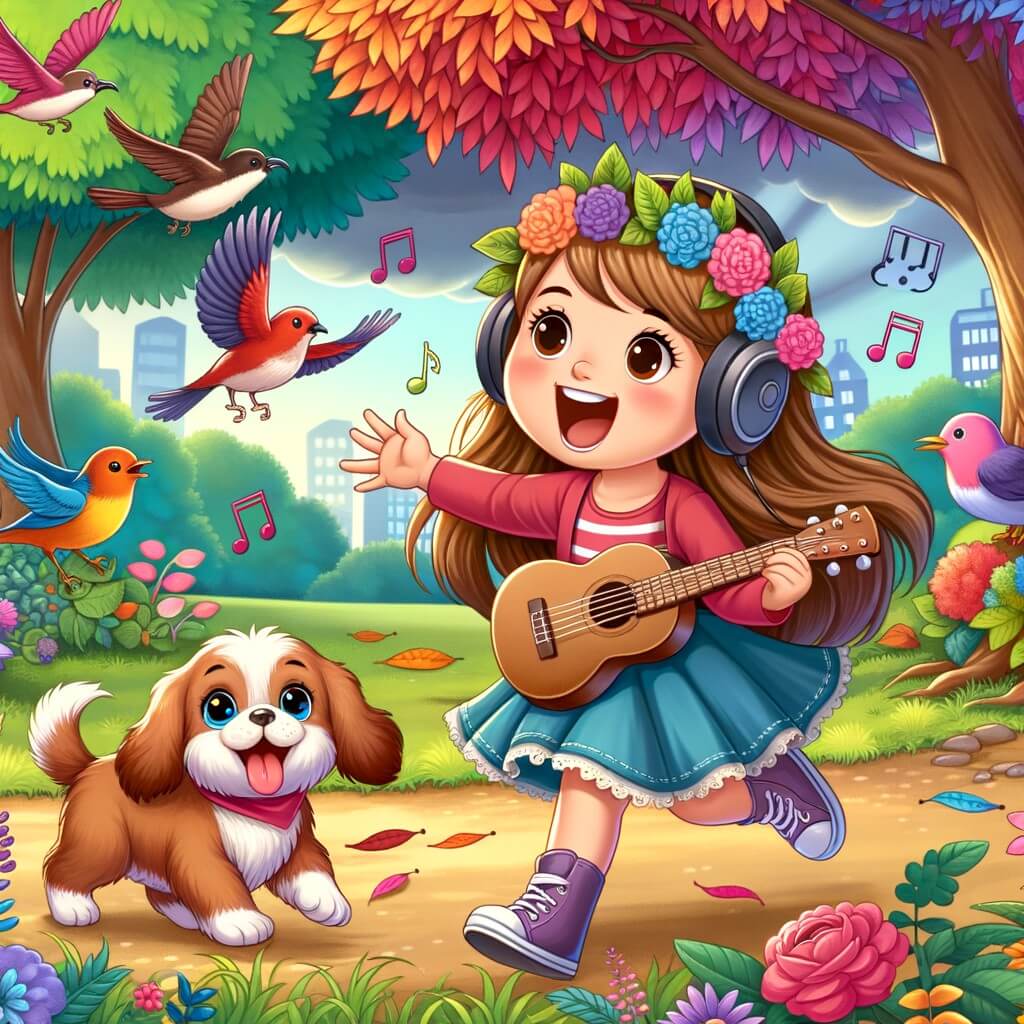 Une illustration destinée aux enfants représentant une jeune femme passionnée par la musique, accompagnée d'un adorable chiot, dans un magnifique parc verdoyant rempli d'arbres aux feuilles colorées et d'oiseaux chantants.