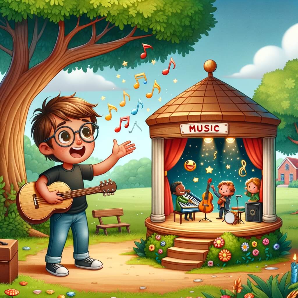Une illustration pour enfants représentant un homme passionné de musique qui découvre un monde enchanté de mélodies et de talents sur une petite scène dans un parc tranquille.