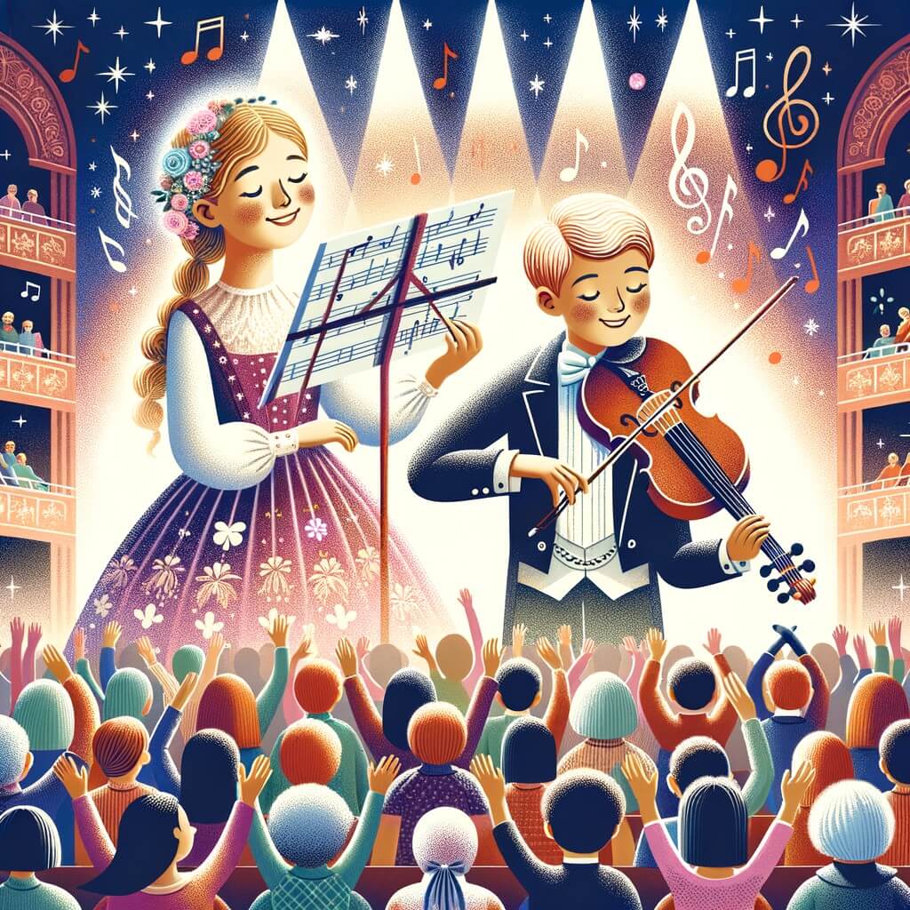Une illustration destinée aux enfants représentant une jeune femme passionnée par la musique, accompagnée d'une musicienne talentueuse, se produisant sur une scène colorée et lumineuse devant un public enthousiaste dans une salle de concert majestueuse.