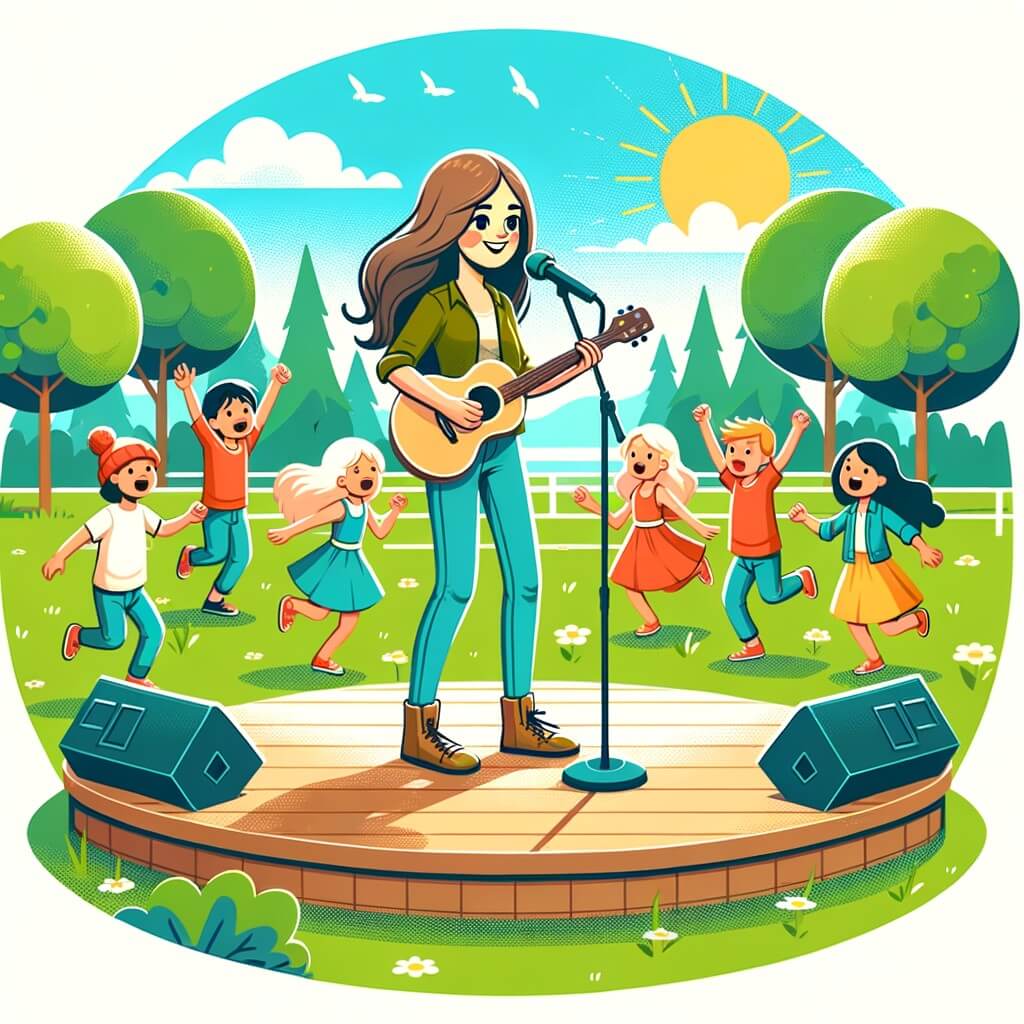 Une illustration destinée aux enfants représentant une jeune femme passionnée par la musique, qui se produit sur scène avec son groupe d'amis, dans un parc ensoleillé rempli d'arbres verdoyants et d'enfants dansant joyeusement.