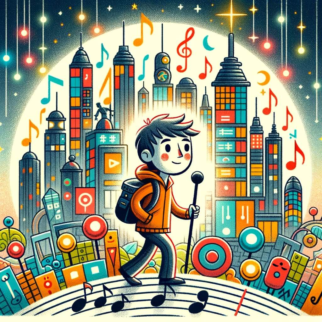 Une illustration destinée aux enfants représentant un jeune homme passionné de musique, vivant une aventure extraordinaire avec l'aide de ses amis, dans une ville animée remplie de lumières colorées et de bâtiments en forme de notes de musique.