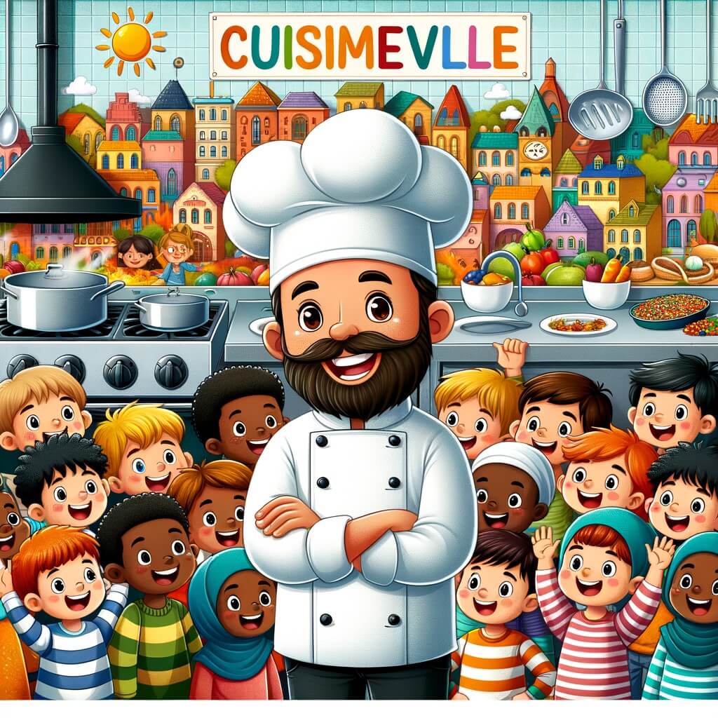 Une illustration destinée aux enfants représentant un chef cuisinier barbu et jovial, entouré d'enfants curieux, dans une cuisine colorée remplie d'ustensiles brillants et d'ingrédients savoureux, à Cuisineville, une petite ville pleine d'odeurs alléchantes et de goûts délicieux.