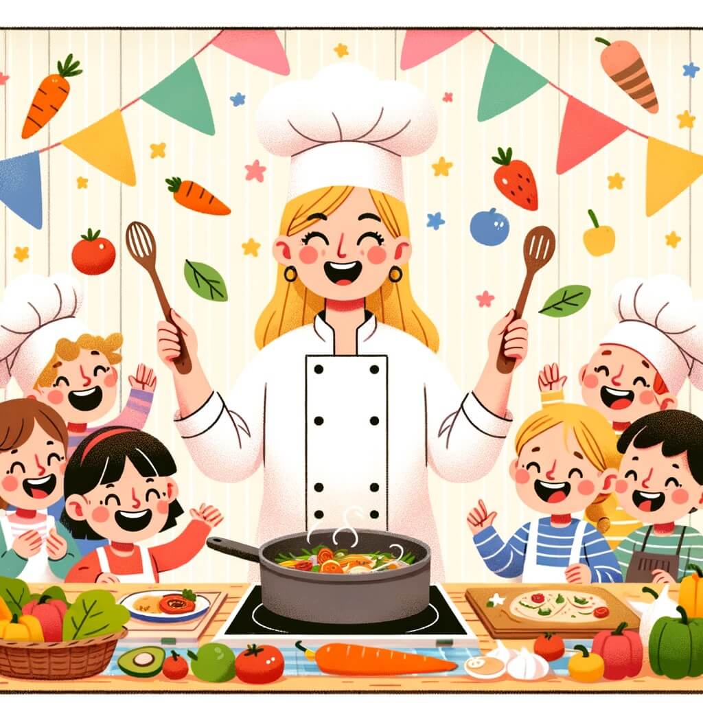 Une illustration destinée aux enfants représentant une chef cuisinière passionnée, entourée d'enfants joyeux, dans une cuisine colorée et animée, où ils préparent ensemble de délicieux plats.
