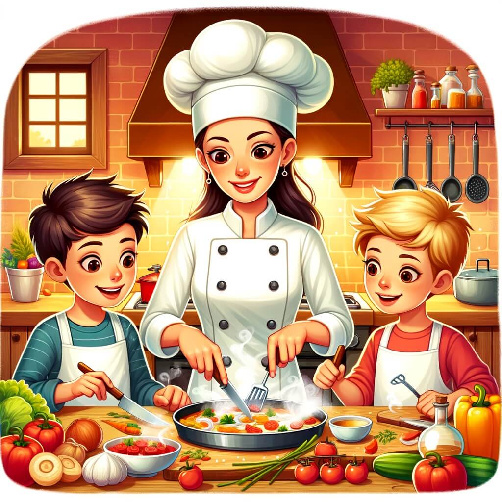 Une illustration pour enfants représentant une femme chef passionnée de cuisine, accueillant deux enfants affamés dans sa cuisine rustique et chaleureuse, où elle leur apprend à cuisiner avec amour et créativité.