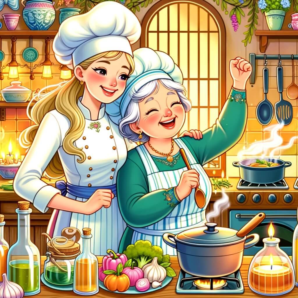 Une illustration destinée aux enfants représentant une femme chef cuisinier passionnée, accompagnée de sa grand-mère bienveillante, dans une cuisine colorée et chaleureuse remplie d'odeurs alléchantes et d'ustensiles de cuisine étincelants.
