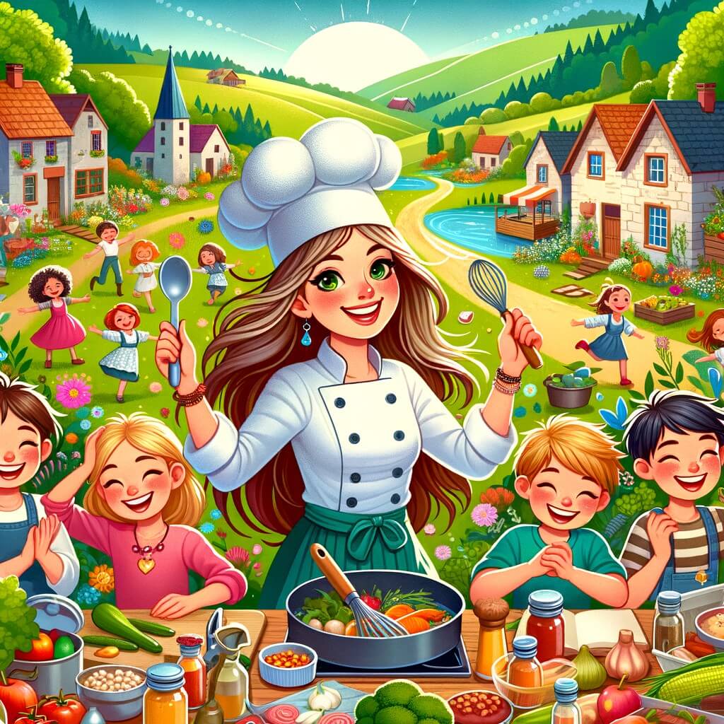 Une illustration destinée aux enfants représentant une chef cuisinière passionnée et créative, accompagnée d'un joyeux groupe d'enfants, dans une cuisine colorée et chaleureuse remplie d'ustensiles étincelants, d'ingrédients frais et de délicieuses odeurs, située dans un petit village entouré de champs verdoyants et de jardins fleuris.