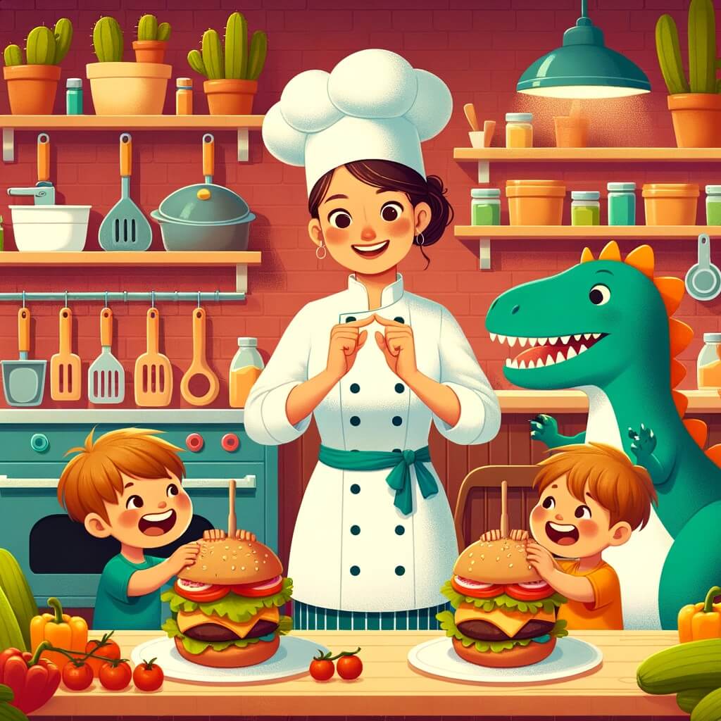 Une illustration destinée aux enfants représentant une femme chef cuisinier passionnée, préparant des hamburgers en forme de dinosaures pour deux petits garçons affamés, dans un restaurant coloré et chaleureux rempli d'ustensiles de cuisine et de légumes frais.