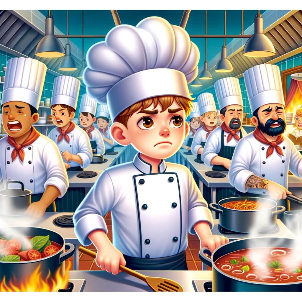 Une illustration pour enfants représentant un chef cuisinier passionné et ambitieux qui travaille dans un restaurant renommé, poursuivant son rêve de devenir le meilleur chef, dans une cuisine remplie d'odeurs alléchantes.