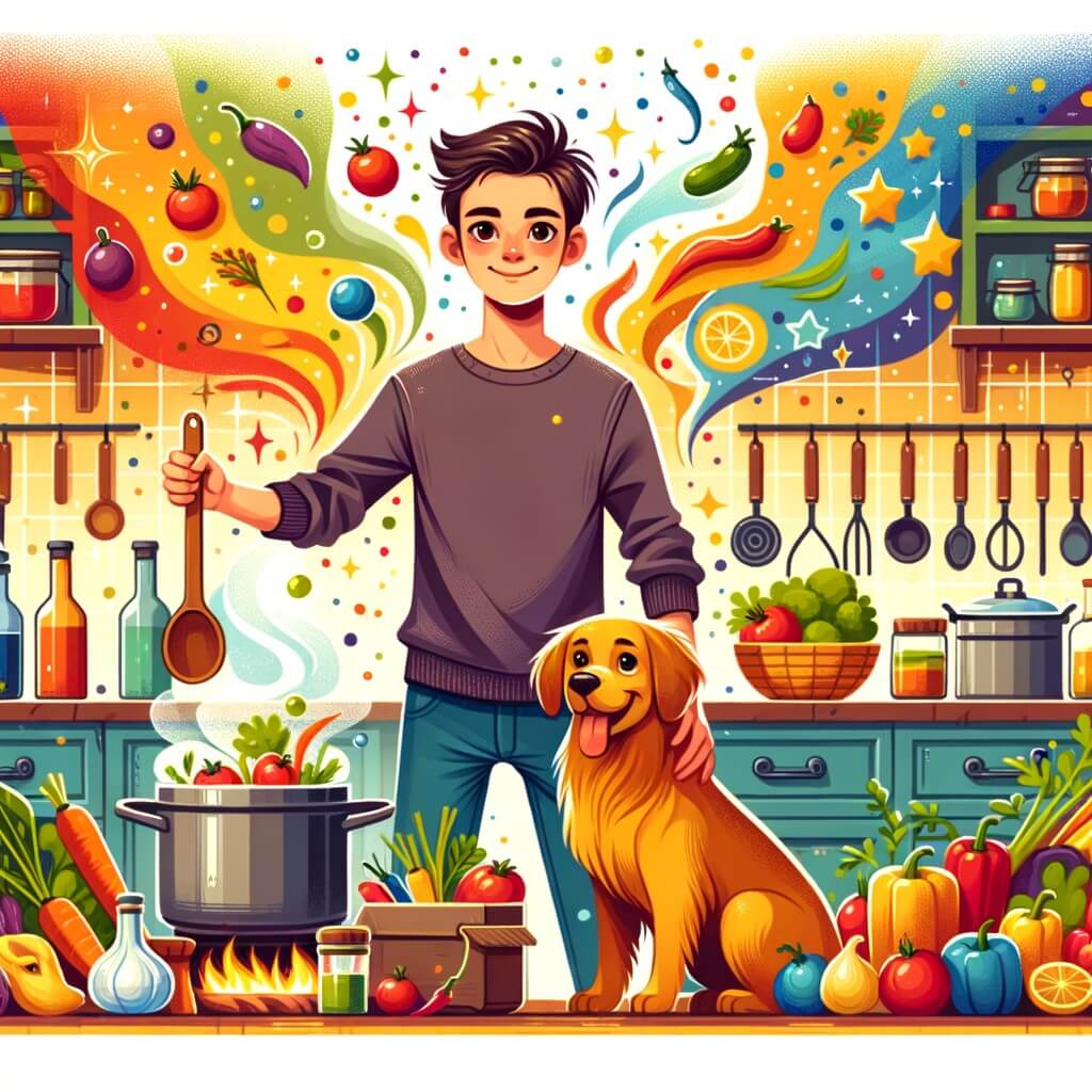 Une illustration destinée aux enfants représentant un jeune homme passionné par la cuisine, accompagné de son fidèle chien, dans une cuisine colorée et chaleureuse remplie d'ustensiles étincelants, de casseroles fumantes et d'ingrédients frais éclaboussant de couleurs vives.