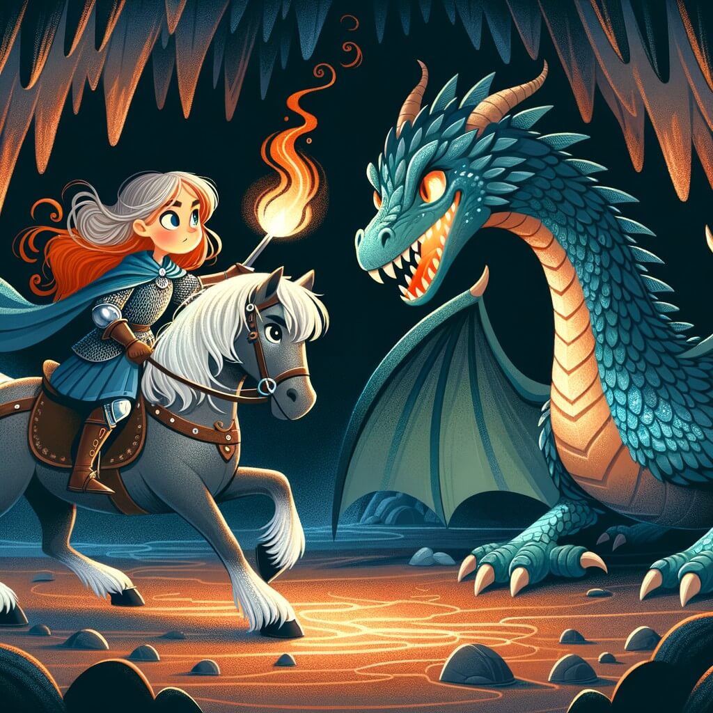 Une illustration destinée aux enfants représentant une chevalière courageuse, prête à affronter un dragon redoutable, accompagnée de son fidèle destrier, dans une grotte sombre et mystérieuse, avec des écailles brillantes et des flammes tourbillonnantes.