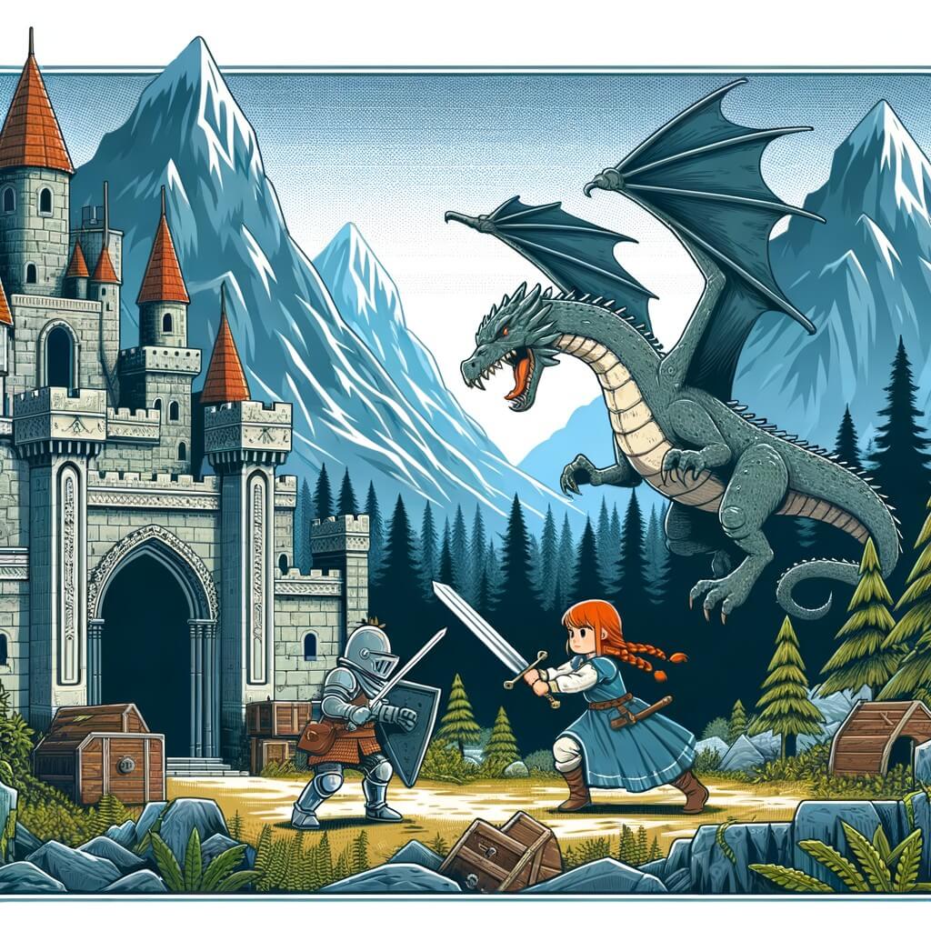 Une illustration destinée aux enfants représentant une chevalière courageuse, affrontant un dragon redoutable, dans un château abandonné entouré de montagnes escarpées et de forêts sombres.