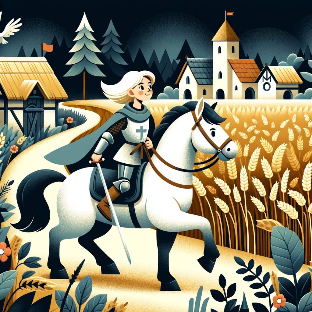 Une illustration destinée aux enfants représentant une chevalière intrépide, sur une quête périlleuse pour trouver un remède magique, accompagnée de son fidèle destrier, à travers un village médiéval entouré de champs de blé et de bois sombres.