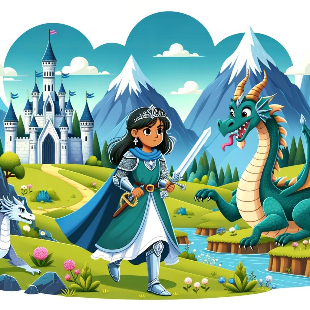 Une illustration pour enfants représentant une chevalière courageuse partant en quête pour sauver un ami enlevé par un sorcier maléfique dans un royaume lointain.