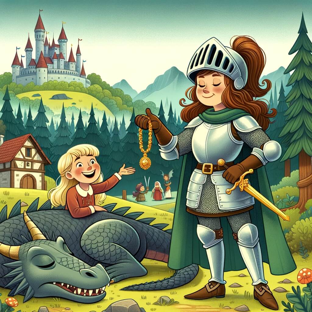 Une illustration pour enfants représentant une chevalière courageuse qui protège un village attaqué par un dragon cracheur de feu dans une forêt enchantée.