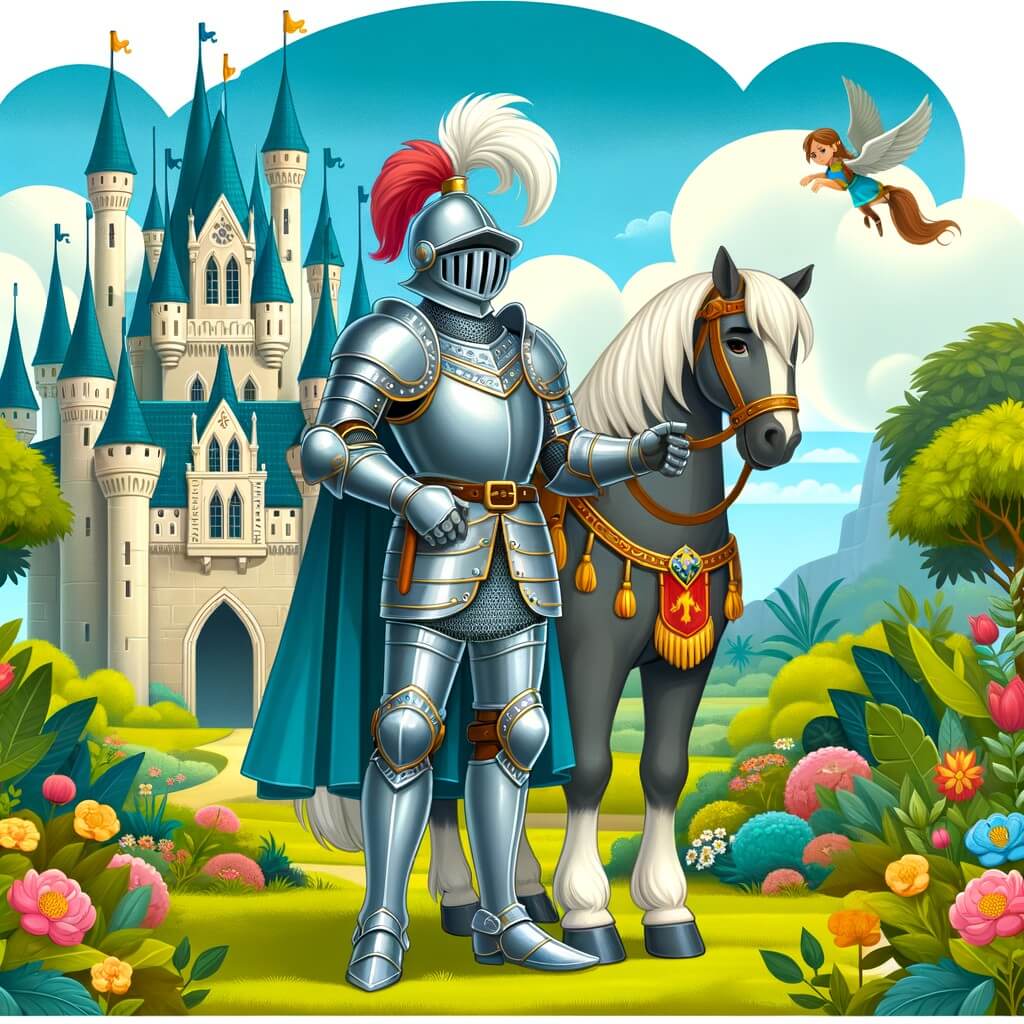 Une illustration pour enfants représentant un chevalier courageux qui doit partir en quête d'une épée magique pour affronter un sorcier maléfique dans un royaume lointain.