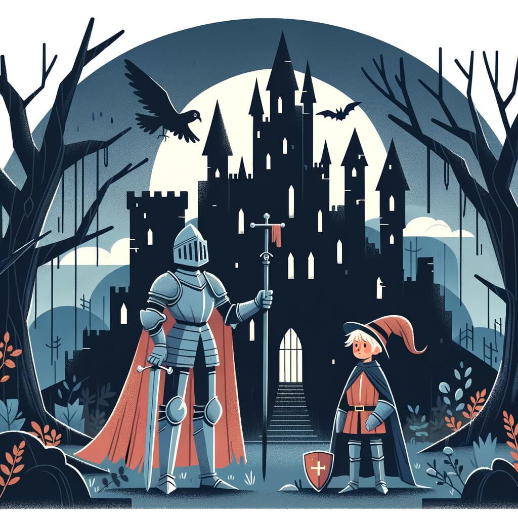 Une illustration destinée aux enfants représentant un chevalier courageux se tenant fièrement devant un château en ruines, accompagné d'un petit écuyer, dans une forêt sombre et mystérieuse.