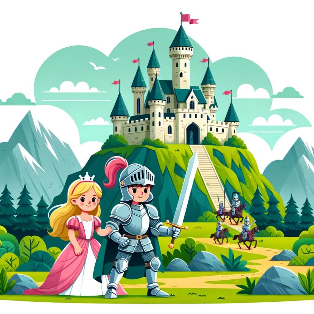 Une illustration destinée aux enfants représentant un chevalier courageux, prêt à se battre contre une armée ennemie, accompagné d'une princesse, dans un château majestueux perché au sommet d'une montagne verdoyante.