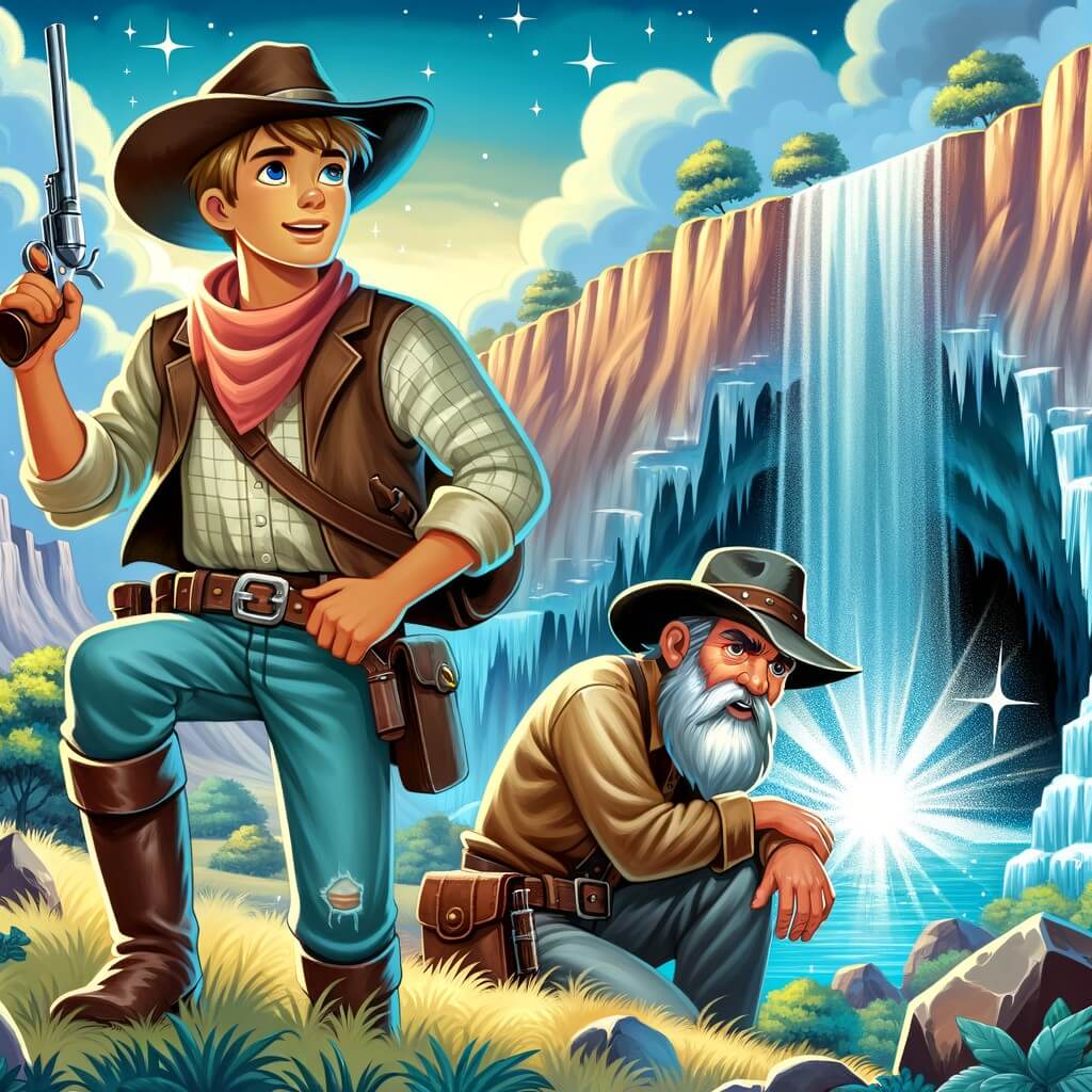 Une illustration destinée aux enfants représentant un cow-boy courageux, accompagné d'un vieux cow-boy barbu, explorant les vastes plaines de l'Ouest américain à la recherche d'un trésor caché dans une grotte secrète, située derrière une cascade scintillante.