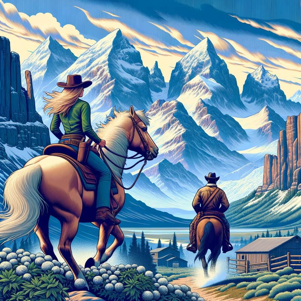 Une illustration destinée aux enfants représentant une cow-girl intrépide, chevauchant à travers les majestueuses montagnes de l'Ouest américain, accompagnée d'un jeune homme cherchant à se racheter, tandis que les sommets enneigés et les canyons profonds se dressent en arrière-plan.