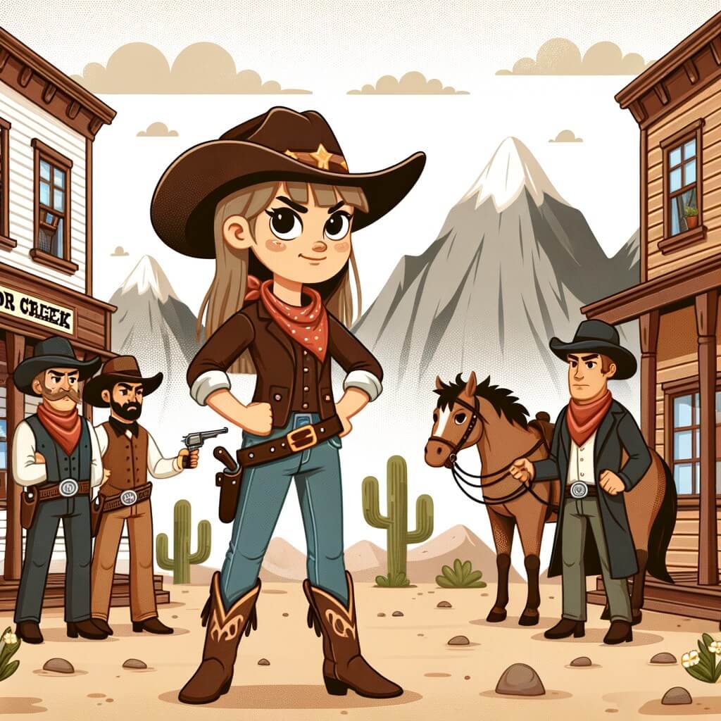 Une illustration pour enfants représentant une femme cow-boy courageuse qui arrive dans une petite ville de l'Ouest américain et doit faire face à des cow-boys dangereux.