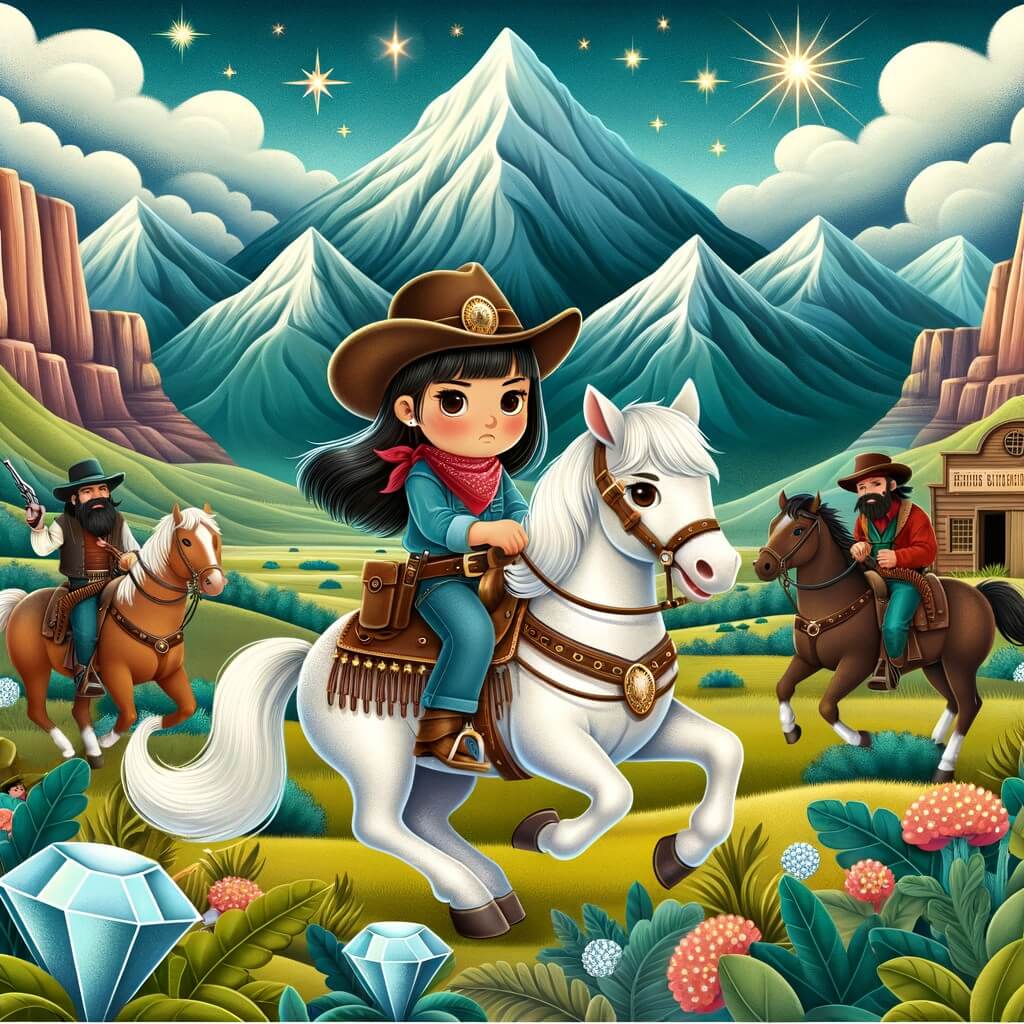 Une illustration destinée aux enfants représentant une cow-girl courageuse, montée sur son cheval, affrontant des bandits dans un paysage sauvage de l'Ouest américain avec des montagnes majestueuses, des prairies verdoyantes et une grotte cachée remplie de pierres précieuses étincelantes.