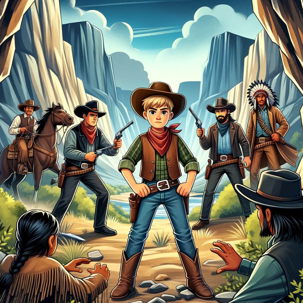 Une illustration destinée aux enfants représentant un jeune cow-boy courageux, affrontant des bandits dans un canyon étroit et sauvage de l'Ouest américain, avec l'aide de ses fidèles amis cow-boys et Indiens.