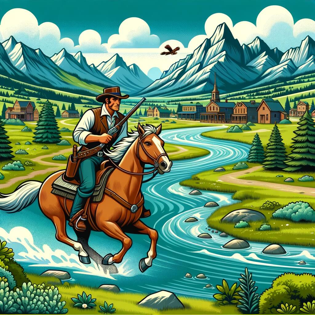 Une illustration pour enfants représentant un jeune cow-boy courageux, dans une situation d'aventure mystérieuse, se déroulant dans l'Ouest sauvage des États-Unis.