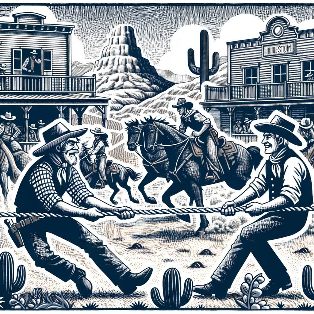 Une illustration destinée aux enfants représentant un jeune cow-boy courageux, faisant face à un défi de tir à la corde, avec l'aide d'un vieux cow-boy sage, dans un saloon animé de l'Ouest américain, entouré de chevaux et de cactus.