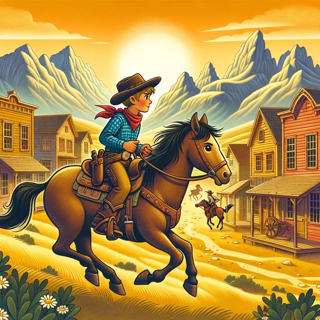 Une illustration pour enfants représentant un jeune cow-boy courageux et intelligent qui doit arrêter des voleurs dans l'Ouest américain.