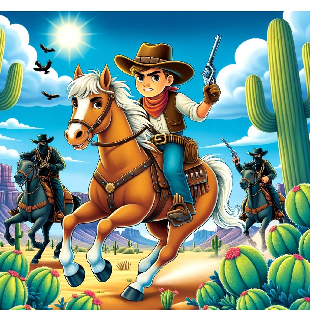 Une illustration destinée aux enfants représentant un jeune cow-boy courageux, à cheval avec son fidèle cheval Lucky, affrontant des bandits dans les vastes plaines de l'Ouest sauvage, entourés de cactus géants et sous un ciel bleu éclatant.