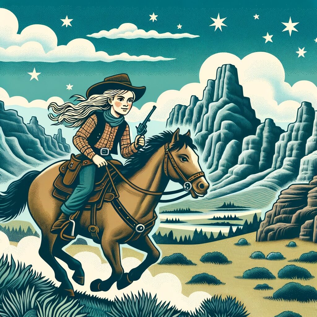 Une illustration destinée aux enfants représentant une jeune et courageuse cow-girl, chevauchant à travers les vastes plaines du Far West, accompagnée de son fidèle cheval, à la recherche d'aventures et de trésors cachés dans des grottes mystérieuses, avec en arrière-plan des montagnes majestueuses et un ciel bleu parsemé de nuages blancs.