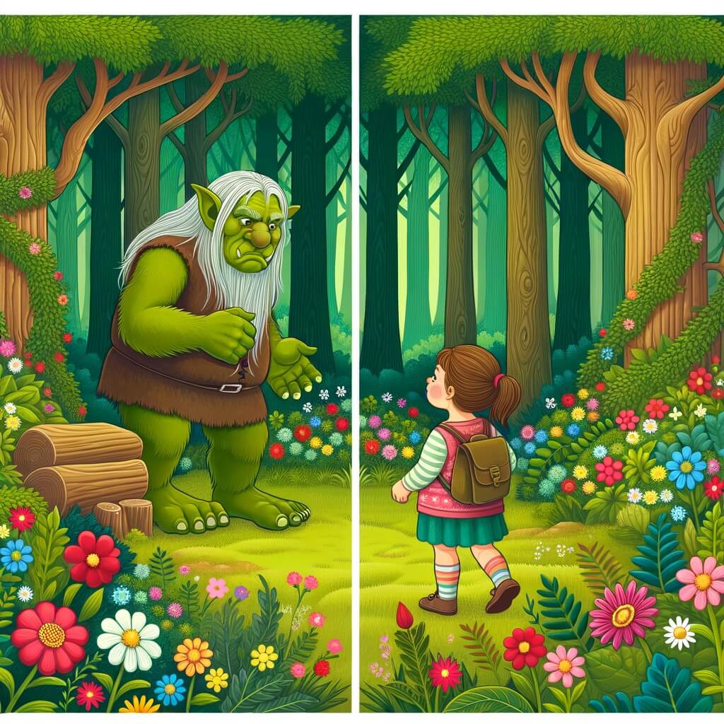 Une illustration destinée aux enfants représentant un ogre gentil et solitaire, faisant la rencontre d'une petite fille curieuse dans une forêt enchantée remplie de fleurs colorées et d'arbres majestueux.