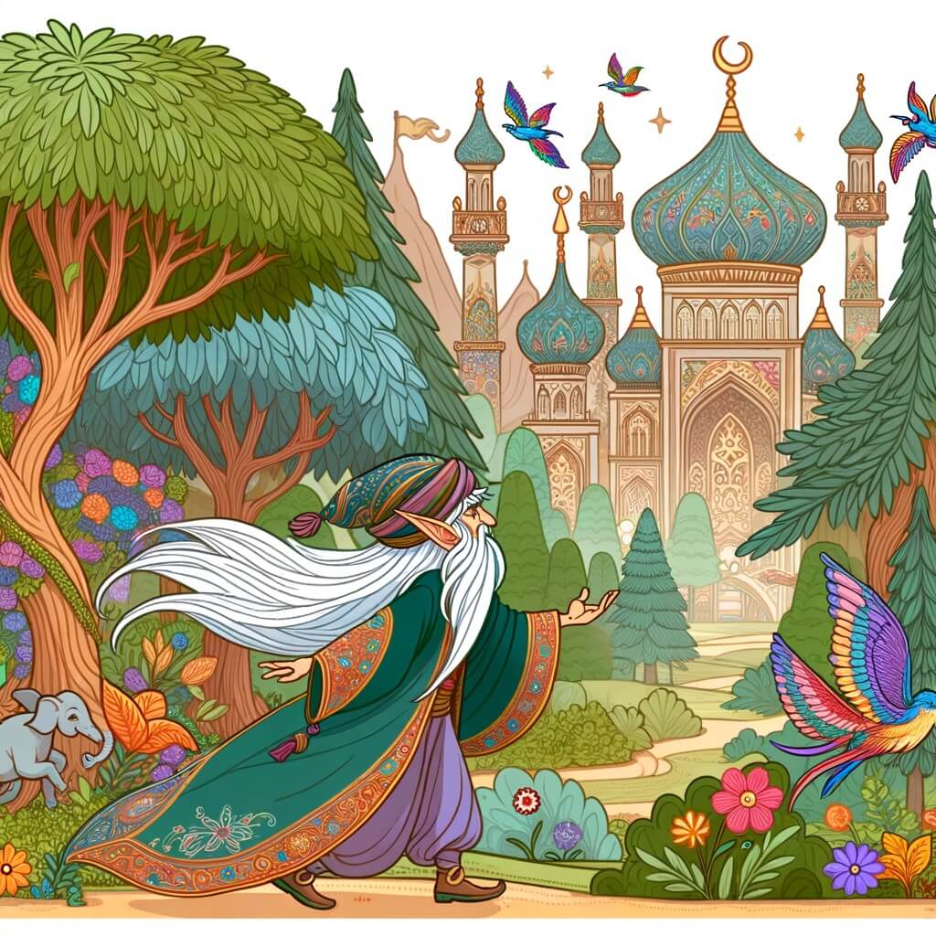 Une illustration destinée aux enfants représentant un(e) elfe aux longues oreilles pointues, se retrouvant dans une quête magique avec l'aide d'un animal féérique, à travers une forêt enchantée aux arbres majestueux et aux fleurs multicolores.
