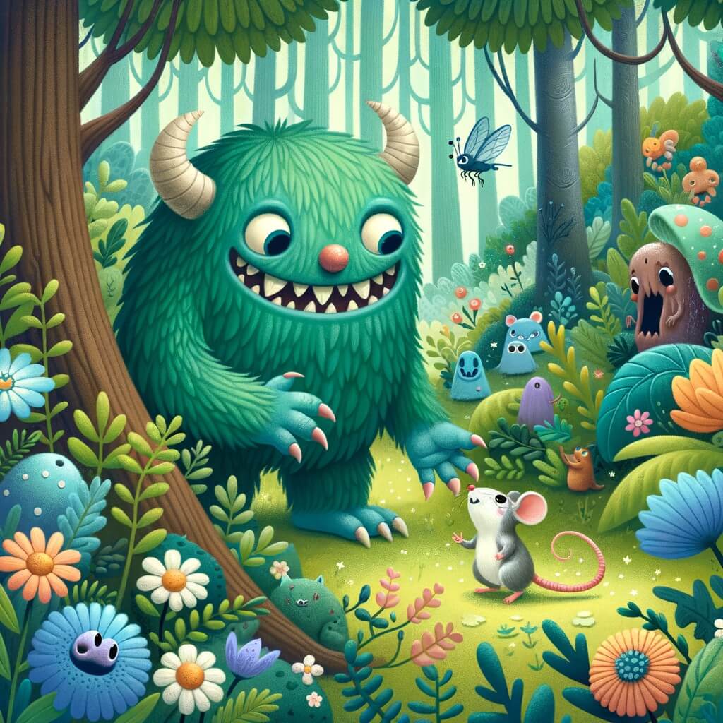 Une illustration destinée aux enfants représentant un adorable monstre vert avec des dents pointues, qui aide une petite souris perdue dans une forêt enchantée remplie de créatures magiques et de fleurs colorées.